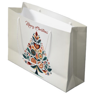 Christmas Party Colorful Tree Scandinavia Folk Art Large Gift Bag