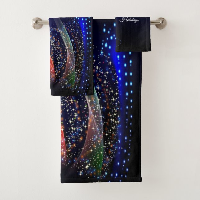 Christmas Party Colourful Tree Navy Blue Rustic Bath Towel Set (Insitu)