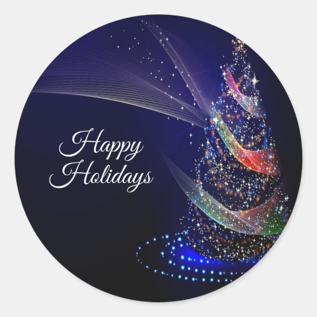 Christmas Party Colourful Tree Navy Blue Rustic Classic Round Sticker (Front)