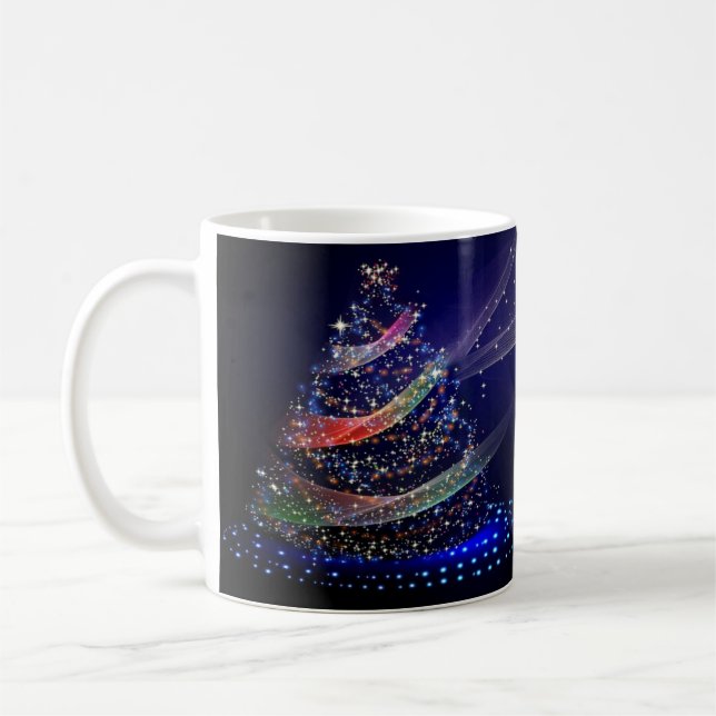 Christmas Party Colourful Tree Navy Blue Rustic Coffee Mug (Left)