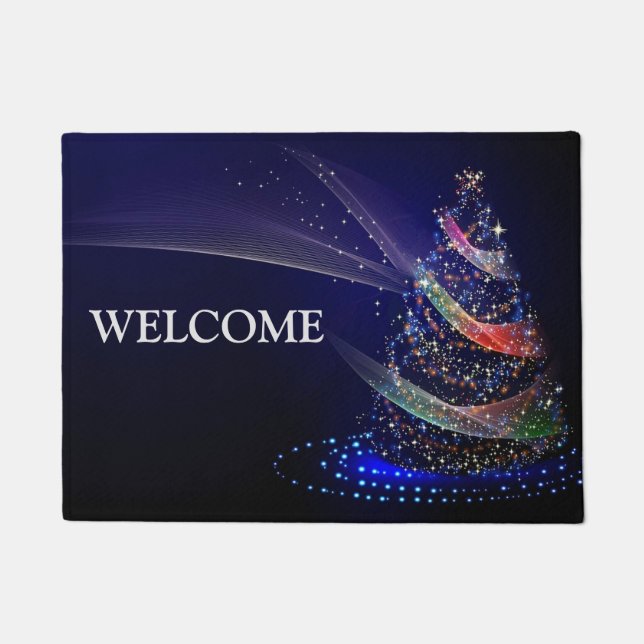 Christmas Party Colourful Tree Navy Blue Rustic Doormat (Front)