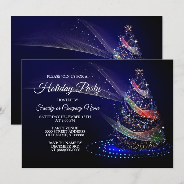 Christmas Party Colourful Tree Navy Blue Rustic Invitation (Front/Back)