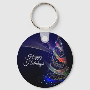 Christmas Party Colourful Tree Navy Blue Rustic Key Ring