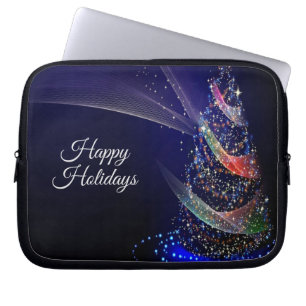 Christmas Party Colourful Tree Navy Blue Rustic Laptop Sleeve