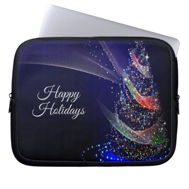 Christmas Party Colourful Tree Navy Blue Rustic Laptop Sleeve (Front)