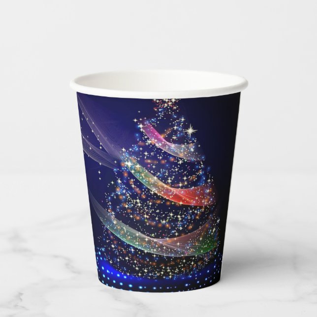 Christmas Party Colourful Tree Navy Blue Rustic Paper Cups (Back)