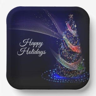 Christmas Party Colourful Tree Navy Blue Rustic Paper Plate