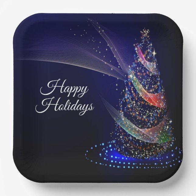 Christmas Party Colourful Tree Navy Blue Rustic Paper Plate (Front)
