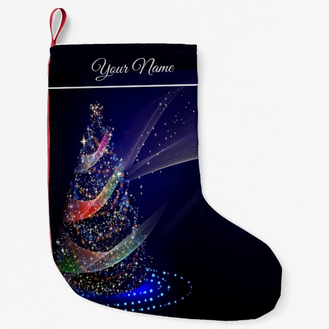 Christmas Party Colourful Tree Navy Blue Rustic Small Christmas Stocking (Front)