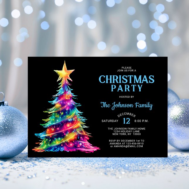 CHRISTMAS PARTY Colourful Tree Twinkle Lights Invitation (CHRISTMAS PARTY Colorful Tree Twinkle Lights Invitation)