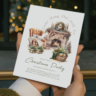 Christmas Party Cosy Watercolor Fireplace Invitation