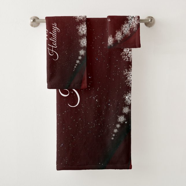 Christmas Party Crystal Snowflakes Red Rustic Bath Towel Set (Insitu)