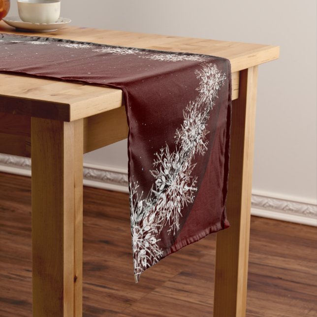 Christmas Party Crystal Snowflakes Red Rustic Short Table Runner (In Situ)