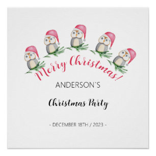 Christmas party cute owls watercolor illustration poster