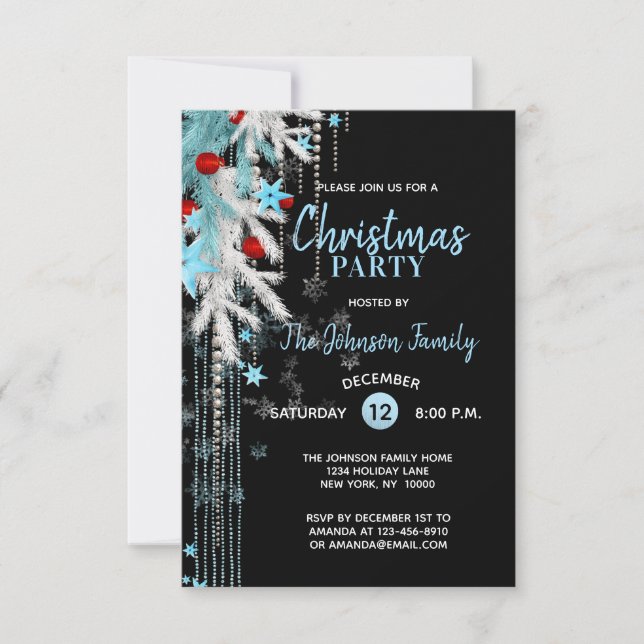 CHRISTMAS PARTY Decor Blue Silver Black Snowflakes Invitation (Front)
