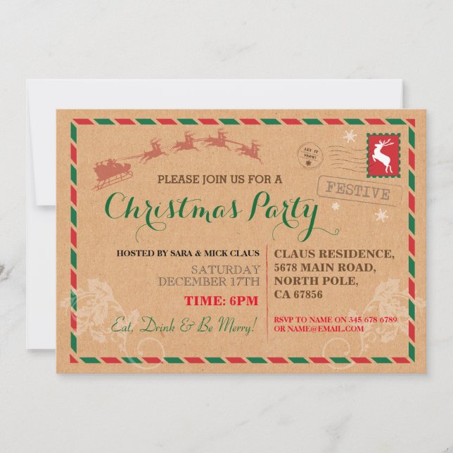 Christmas Party Dinner Postal Post Card Invite (Front)