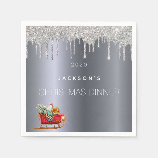 Christmas party dinner silver glitter sleigh name napkin (Front)