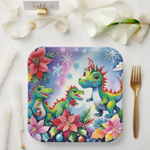 Christmas Party Dinosaurs Paper Plate