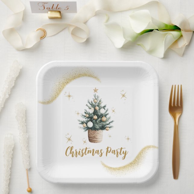 Christmas Party Elegant Gold Stars  Paper Plate (Wedding)