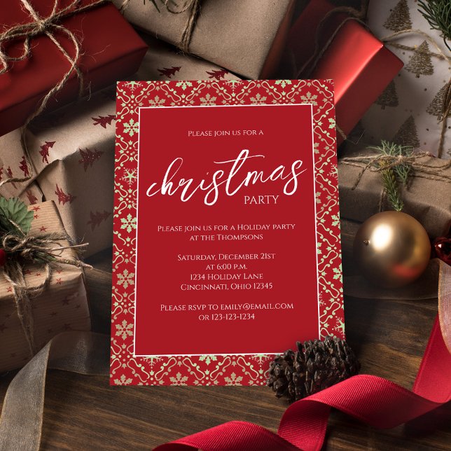 Christmas Party Elegant Green Red Snowflake Modern Invitation (Simple green snowflake Christmas party invitation with a red background. )