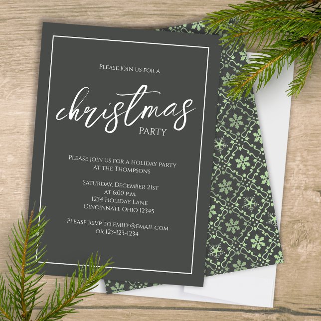 Christmas Party Elegant Green Snowflake Modern  Invitation (Simple green snowflake Christmas party invitation with a grey background. )