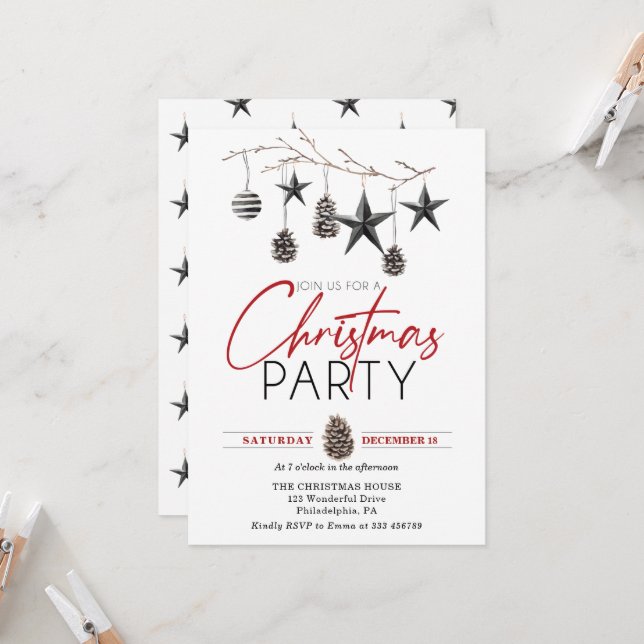 Christmas Party Elegant Scandinavian Ornament Invitation (Front/Back In Situ)