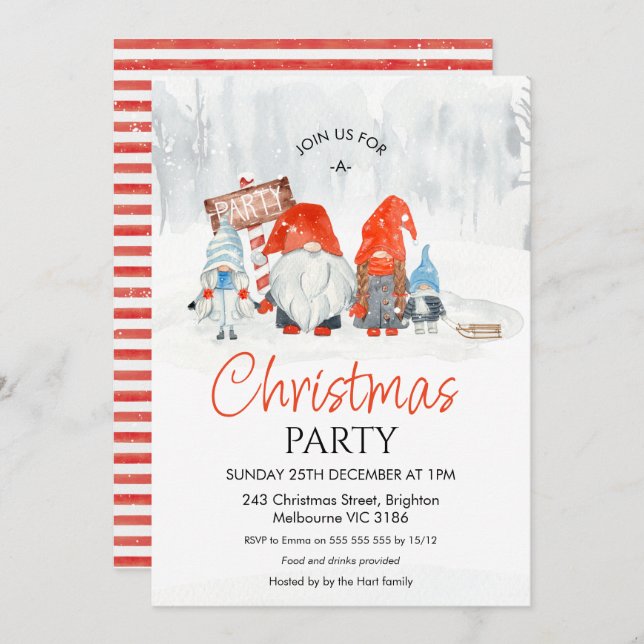 Christmas Party Family Gnomes with Boy and Girl Invitation (Front/Back)