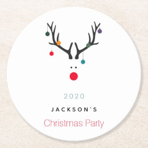 Christmas party family modern funny reindeer white round paper coaster