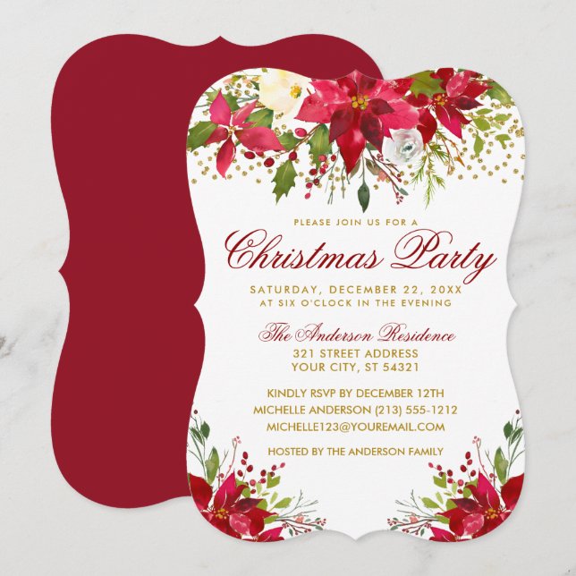 Christmas Party Floral Red Poinsettia Gold Glitter Invitation (Front/Back)