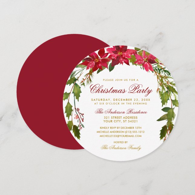 Christmas Party Floral Red Poinsettia Round Invitation (Front/Back)