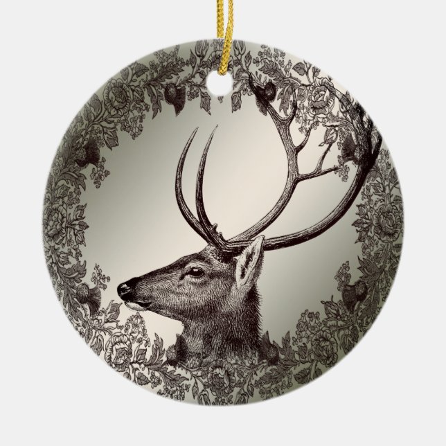 Christmas Party Floral Reindeer Golden Winter Ceramic Tree Decoration (Front)