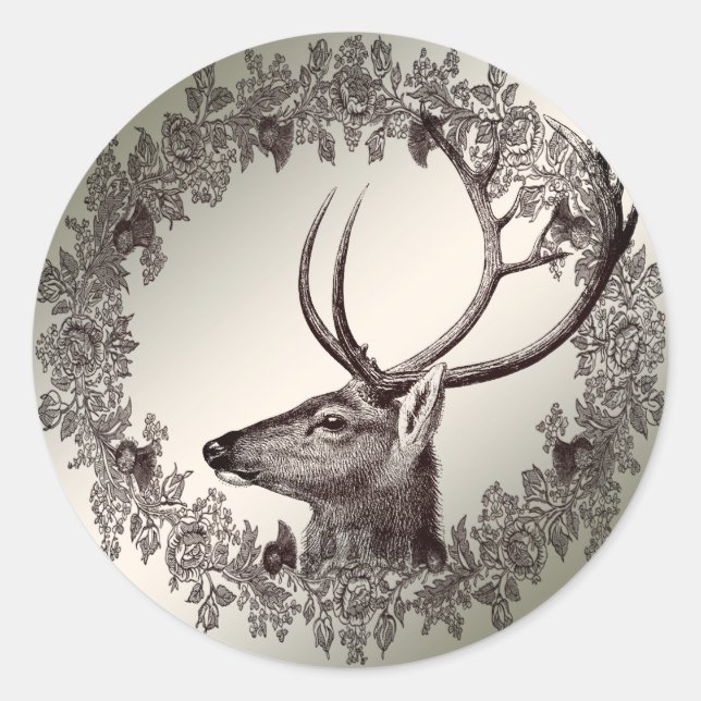 Christmas Party Floral Reindeer Golden Winter Classic Round Sticker (Front)