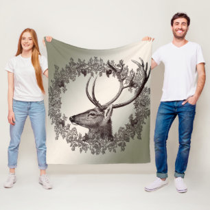 Christmas Party Floral Reindeer Golden Winter Fleece Blanket