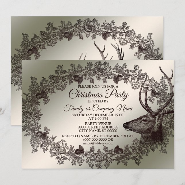 Christmas Party Floral Reindeer Golden Winter Invitation (Front/Back)