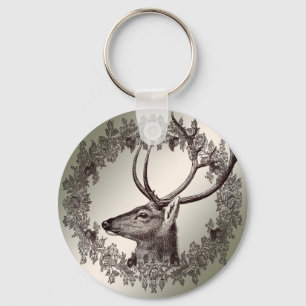 Christmas Party Floral Reindeer Golden Winter Key Ring