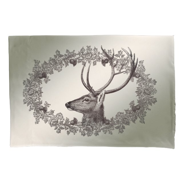 Christmas Party Floral Reindeer Golden Winter Pillowcase (Front)