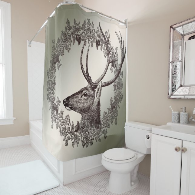 Christmas Party Floral Reindeer Golden Winter Shower Curtain (In Situ)