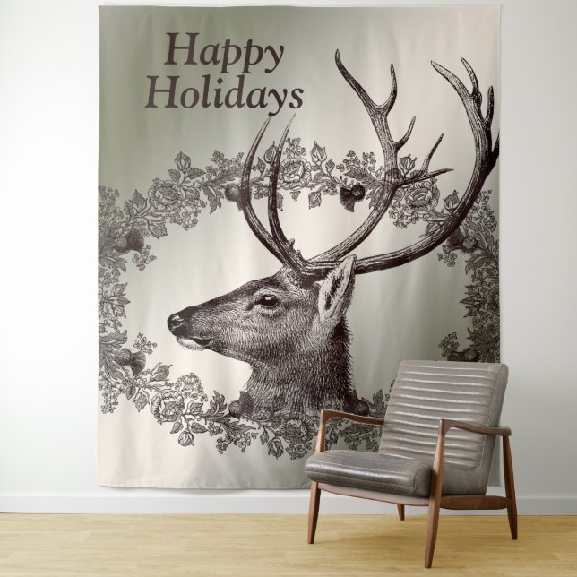 Christmas Party Floral Reindeer Golden Winter Tapestry (In Situ)