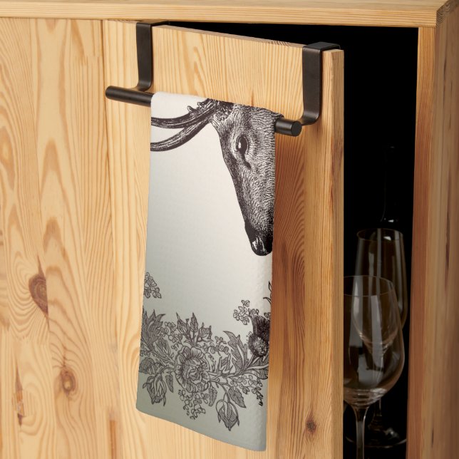 Christmas Party Floral Reindeer Golden Winter Tea Towel (Thirds Fold)