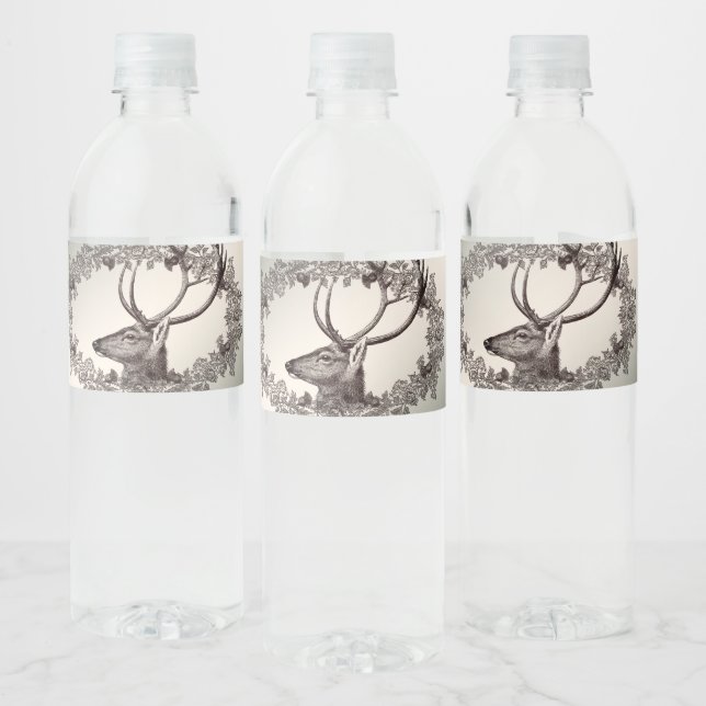 Christmas Party Floral Reindeer Golden Winter Water Bottle Label (Bottles)