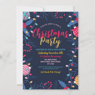Christmas Party Foliage Baubles Navy Festive Fun Invitation