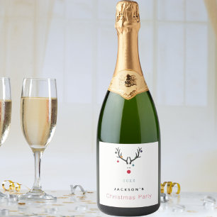 Christmas party funny reindeer white red cute sparkling wine label