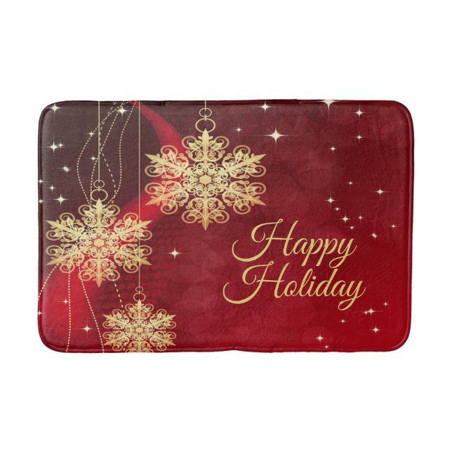 Christmas Party Gift Red Golden Snowflakes Holiday Bath Mat (Front)