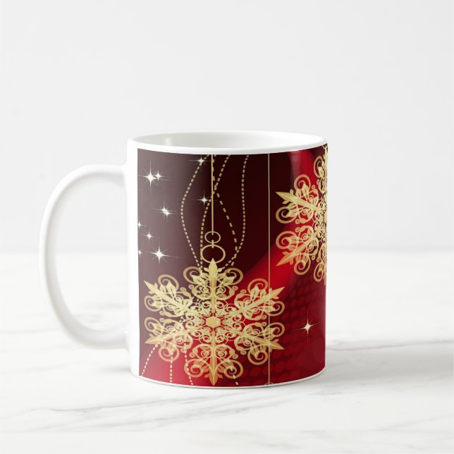 Christmas Party Gift Red Golden Snowflakes Holiday Coffee Mug (Left)