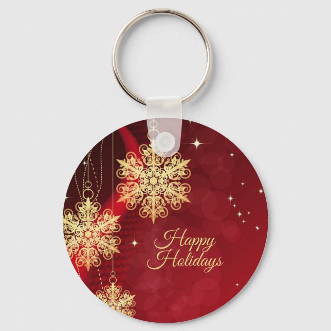 Christmas Party Gift Red Golden Snowflakes Holiday Key Ring (Front)