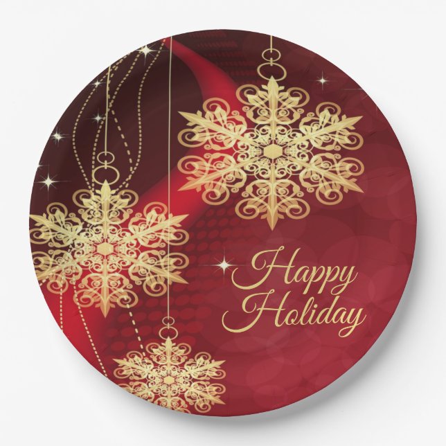 Christmas Party Gift Red Golden Snowflakes Holiday Paper Plate (Front)