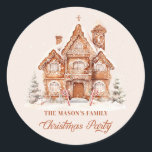 Christmas Party Gingerbread House Sticker<br><div class="desc">Christmas Party Gingerbread House personalised round sticker will be a great addition to your party favours or invitation envelopes. Designed with a beautiful Gingerbread house on a snowy background. Matching items in our</div>