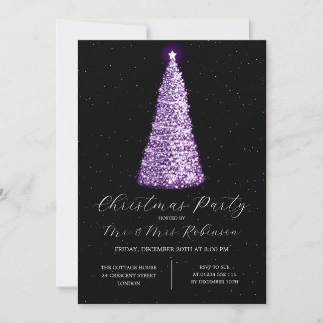 Christmas Party Glam Purple Tree Sparkle Invitation (Front)