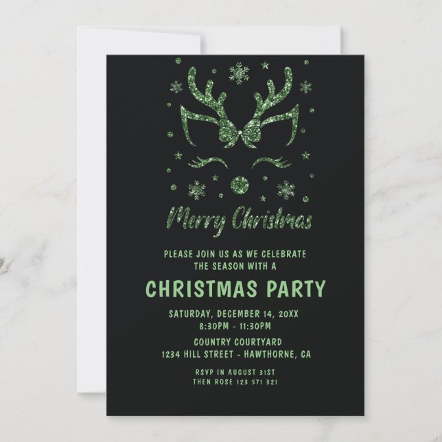 Christmas Party Glitter Green  deer  Invitation (Front)
