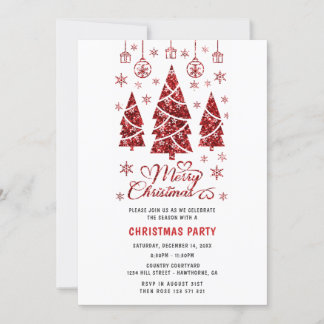 Christmas Party Glitter red tree  Invitation